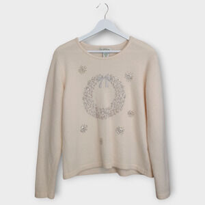 Orvis Sweater Women Large Off White Christmas Wreath Holiday Soft Cozy Festive